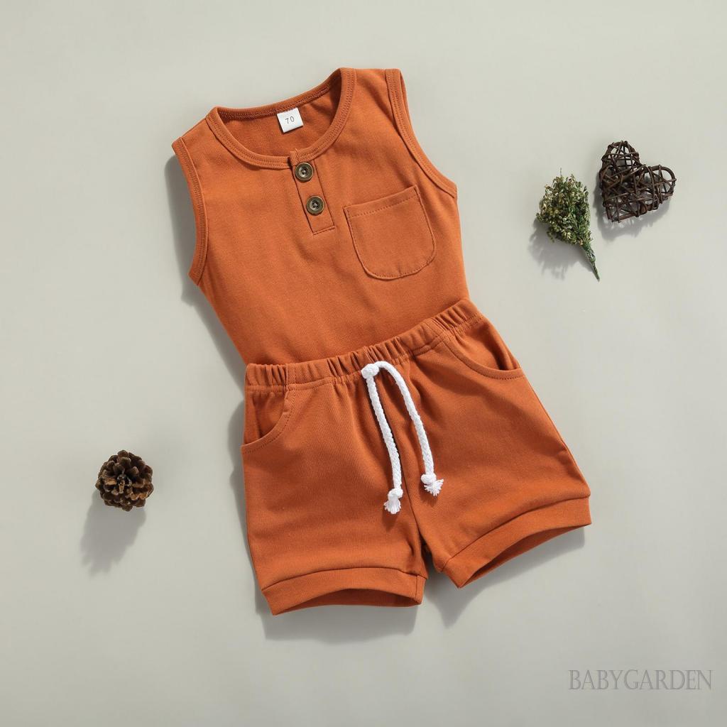 Bộ Áo Ba Lỗ Cổ Tròn Màu Trơn Phối Quần Short Dây Rút Thời Trang Cho Bé Trai 0-3 Tuổi