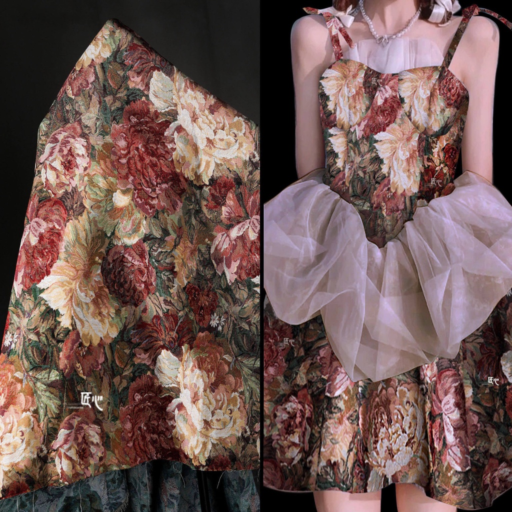 50x150cm Sợi Nhuộm Tranh Sơn Dầu Phong Cách Hoa Lớn Jacquard Polyester & Cotton Retro Vải Cho Túi Và Quần Áo TJ5762