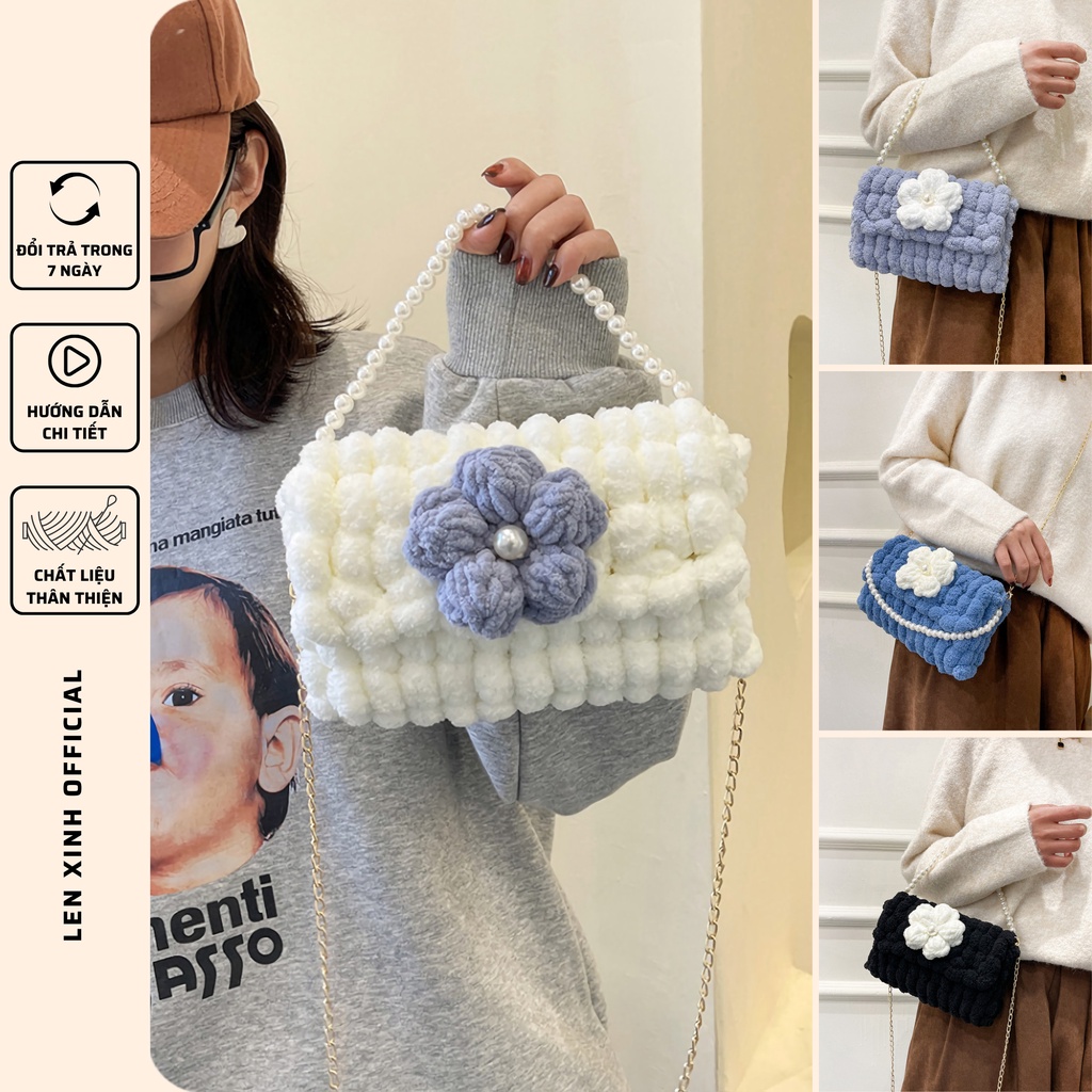 Túi handmade tự đan len bông tròn, túi len tự đan đính hoa dễ thương ...