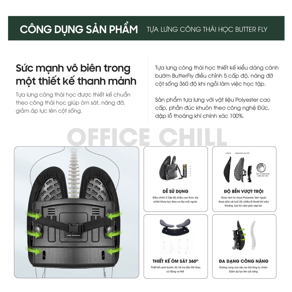 Tựa Lưng Công Thái Học ButterFly OFFICE CHILL Dùng Cho Làm Việc - Văn Phòng - Ô tô