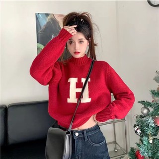 Áo Khoác Len Dệt Kim Tay Dài Dáng Rộng Ngắn Phong Cách Giáng Sinh
