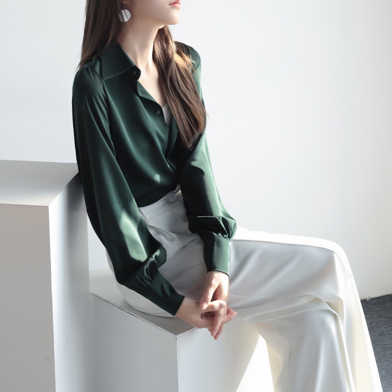 Áo Sơ Mi Nữ Satin Màu Xanh Trơn Dài Tay Nữ Cổ OL Work Top Áo Sơ Mi