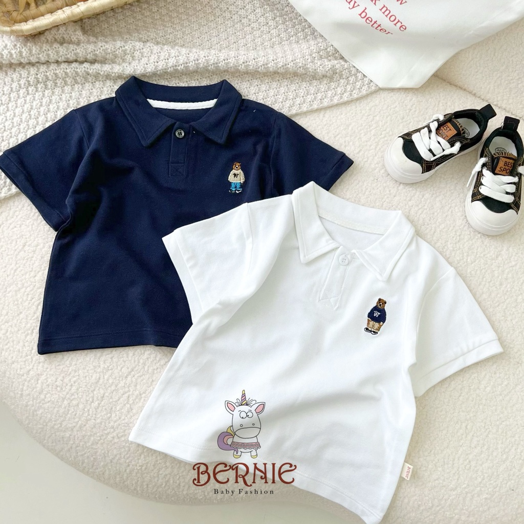 Bộ polo có cổ cho bé trai kèm quần kaki, set bé trai thêu gấu hàng thiết đẹp