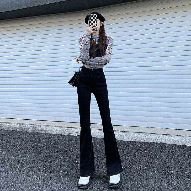 Quần bò jean nữ ống loe đứng rộng suông co giãn jeans cạp cao cao cấp Hottrend