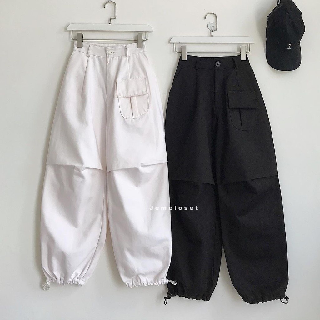 Quần Kaki ống rộng unisex Q026 quần jogger túi hộp rút gấu  phong cách đen trắng