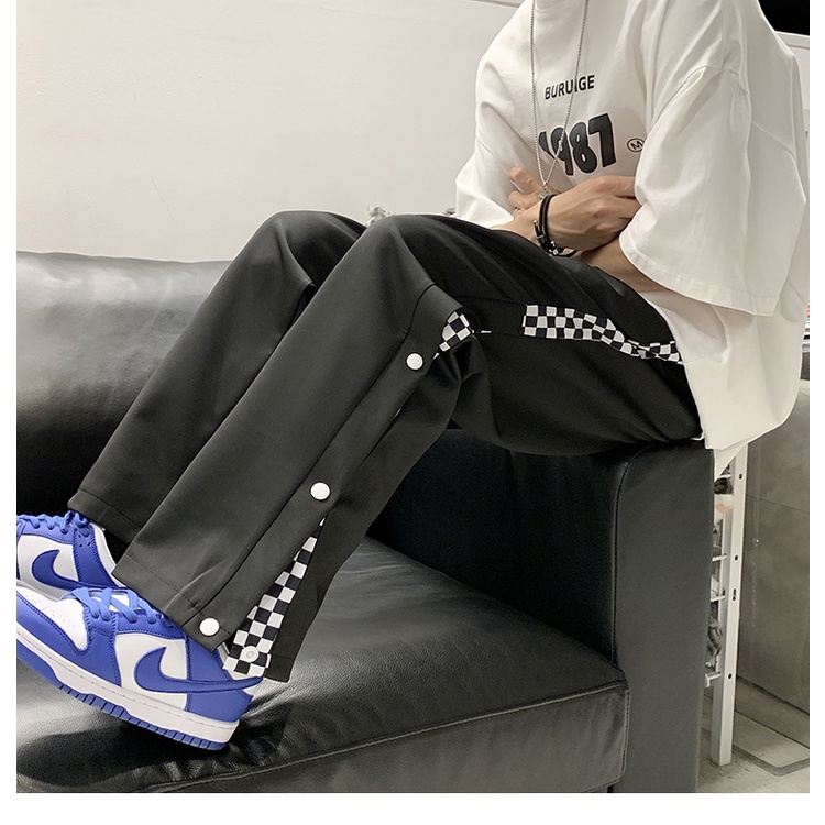 Quần Ống Rộng Unisex Phối Viền Caro Kẻ Sọc Đóng Cúc Xẻ Tà Chất Umi Dày Dặn Phong Cách Hàn Quốc Q031
