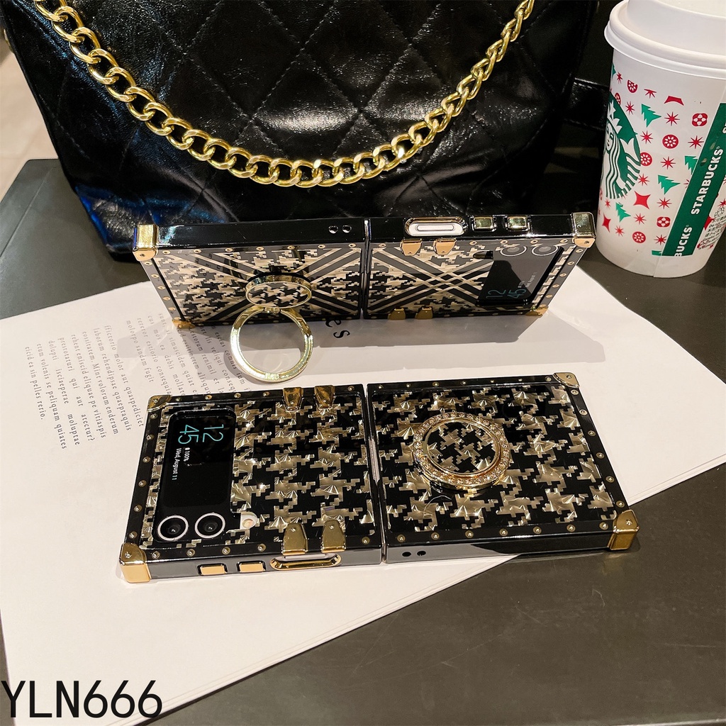 Cổ Điển Sang Trọng Độc Đáo Thiết Kế Kiểm Tra Đứng Gấp Ốp Lưng Điện Thoại Samsung Galaxy Z Flip 3 4 5 6 5G Ốp Lưng Chống Trầy Xước ShookProof Dành Cho Z Flip6 Vuông Vỏ Điện Thoại Di Động Bảo Vệ