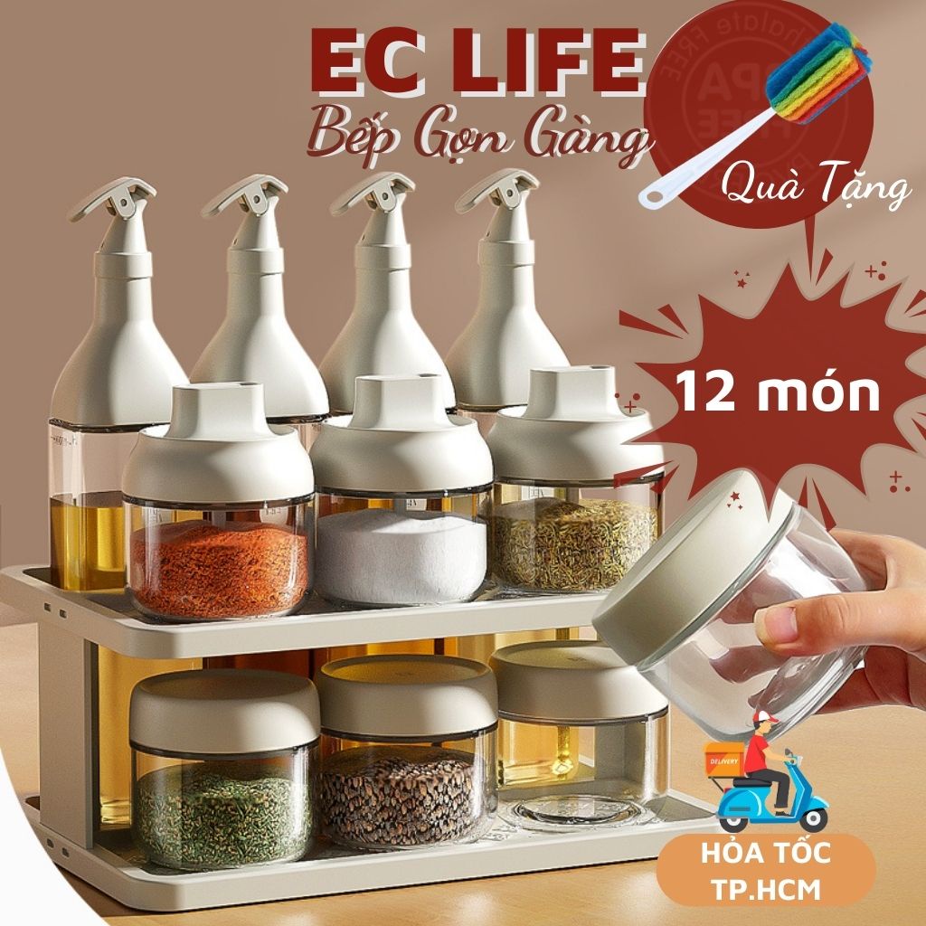 Bộ hũ đựng gia vị chai đựng dầu ăn kệ đựng gia vị bộ 11 món bằng thủy tinh kín hơi chắc chắn 0108