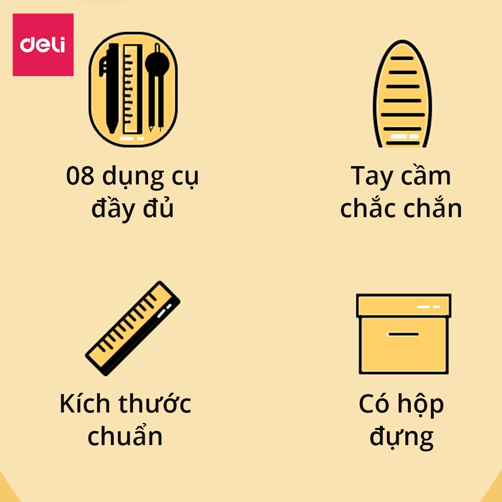 Bộ thước kẻ compa 8 món Deli chuyên dụng cụ học tập cho học sinh eke thước kẻ tẩy chì đồ dung học tập - 9591