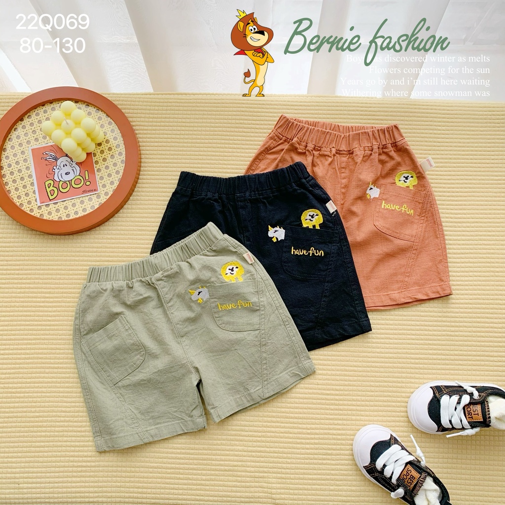 Quần linen đùi bé trai thêu hoạ tiết, quần sóc đùi ngắn cho bé trai mềm mát Bernie