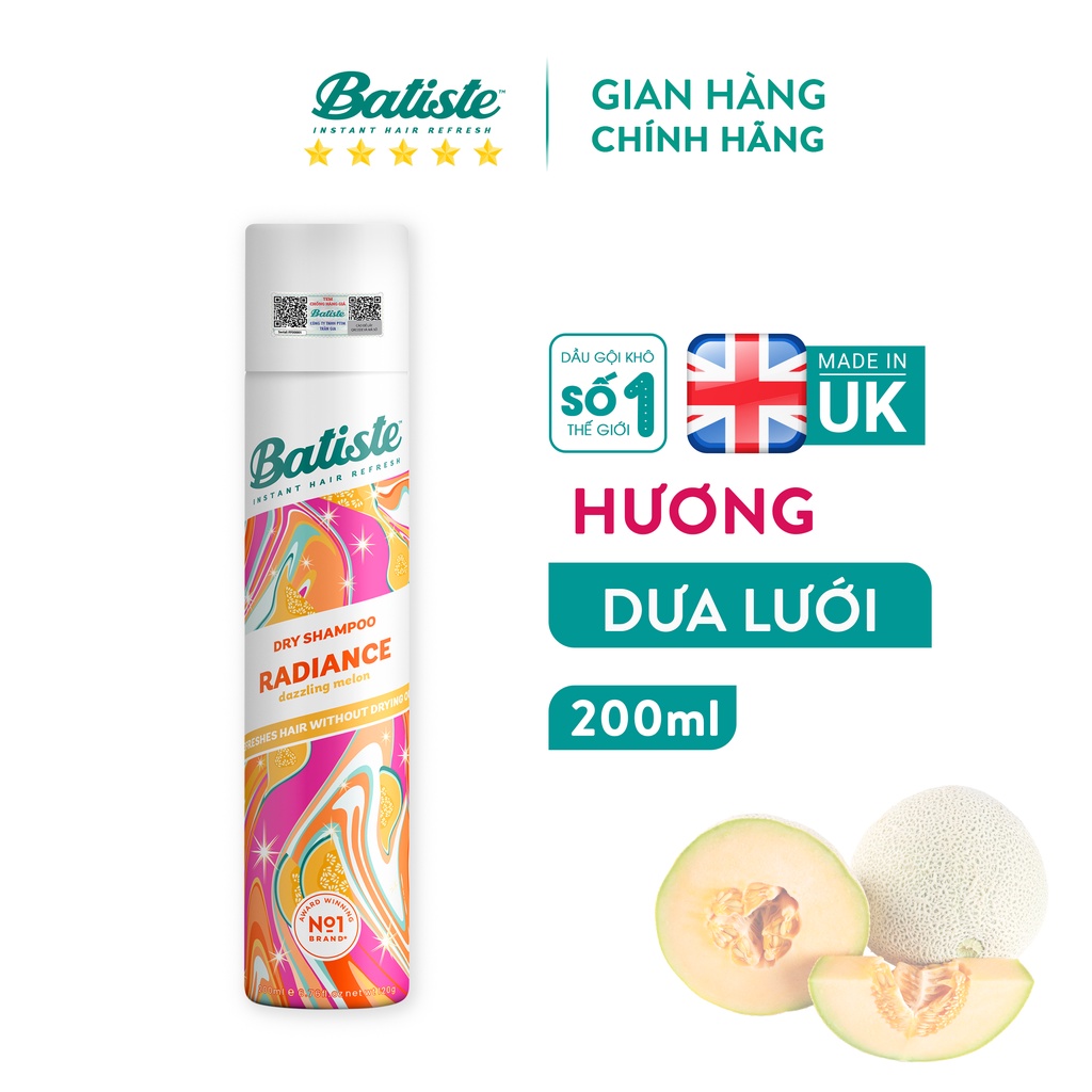 Dầu Gội Khô Hương Dưa Lưới Batiste Dry Shampoo RADIANCE Dazzling Melon 200ml