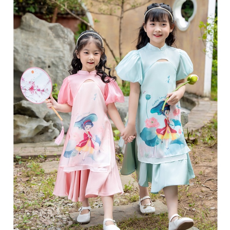Áo dài in Hoa Sen bé gái ILABY chất liệu tơ ánh mềm mại 2 màu hồng xanh[14IG1400L2FT]