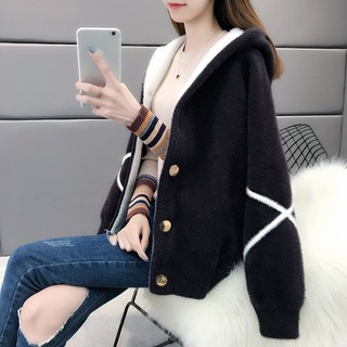 Áo Khoác Lông Cừu Giả Có Mũ Trùm Dáng Rộng Ngắn Thời Trang Thu Đông Hàn Quốc Hàng Mới 2022