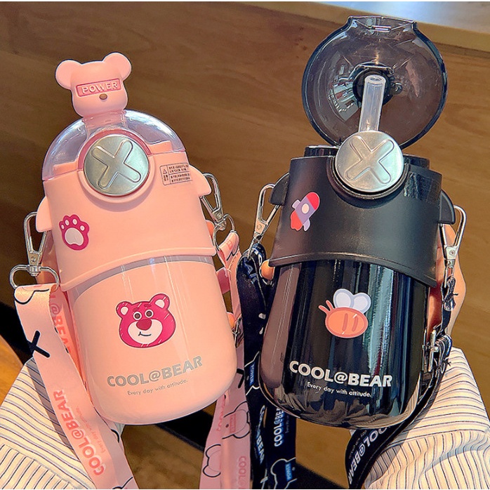 Bình giữ nhiệt PITI 500ml bình nước giữ nhiệt kèm ống hút hình gấu hoạt hình cute | BigBuy360 - bigbuy360.vn