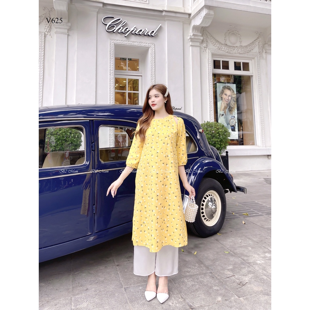 Áo dài bầu và sau sinh cách tân chất liệu ozaza phối hoa vàng sang trọng V625 B2Mum