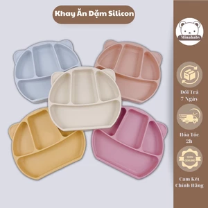 Khay ăn dặm silicon hình tai gấu có đế hít chống trượt loại 4 ngăn, Khay ăn dặm cho bé chia ngăn có đế hít Minababyvn