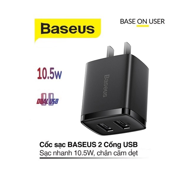 Củ sạc nhanh 10.5W Baseus Compact 2 cổng Usb chân dẹt nhựa PC cao cấp cho các thiết bị Android và iPhone