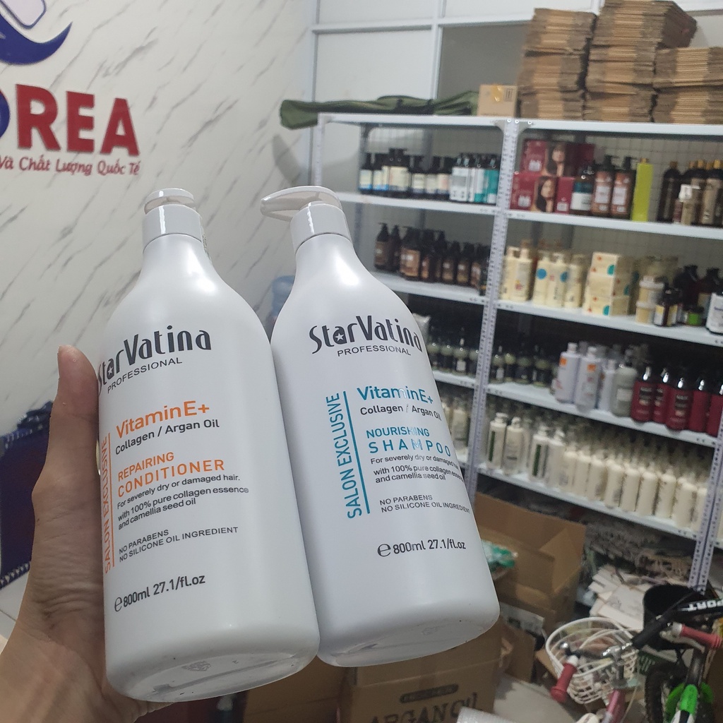 Cặp dầu gội xả Star Vatina Vitamin E 500ml - 800ml giúp dưỡng ẩm làm mềm mượt tóc, giảm rụng tóc