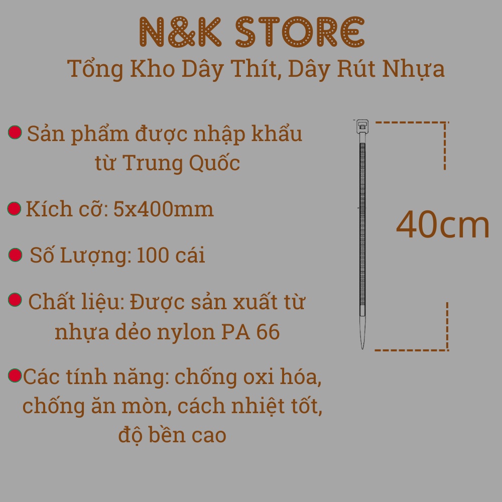 Túi 100c dây thít nhựa 5x400mm, dây rút nhựa dài 40cm, dây buộc chắc chắn