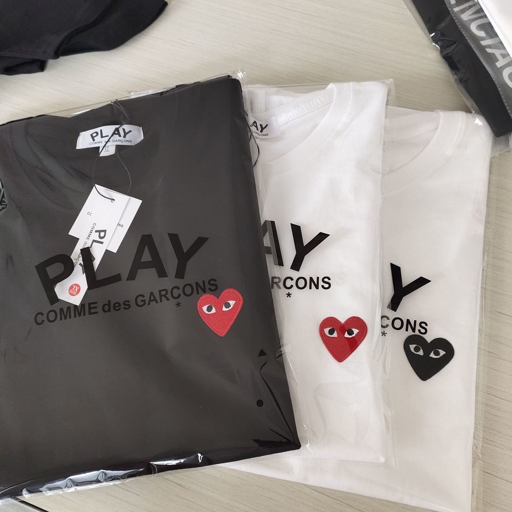 CDG PLAY thêu tình yêu Áo nam nữ màu đen trắng cotton nguyên chất cặp đôi sinh viên tay ngắn