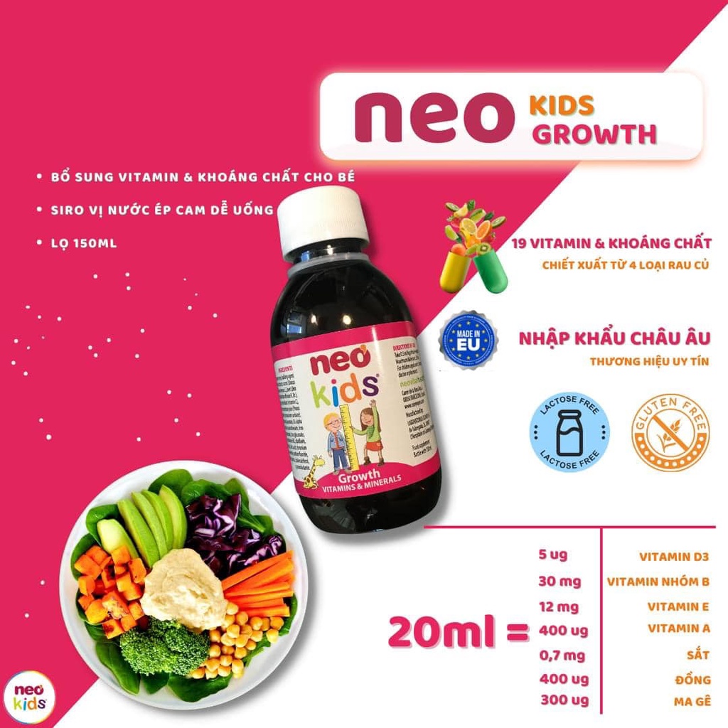 Combo 2 hộp Neo Kids Growth, Bổ sung 18 Vitamin và khoáng chất, hỗ trợ bé biếng ăn chai 150ml