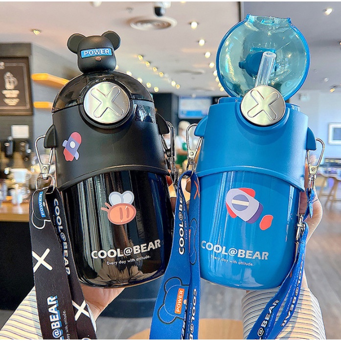 Bình giữ nhiệt PITI 500ml bình nước giữ nhiệt kèm ống hút hình gấu hoạt hình cute | BigBuy360 - bigbuy360.vn
