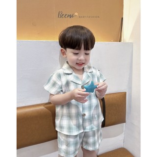 Bộ sơ mi cộc tay kẻ caro cho bé trai, set bộ thô mềm cá tính cho bé trai
