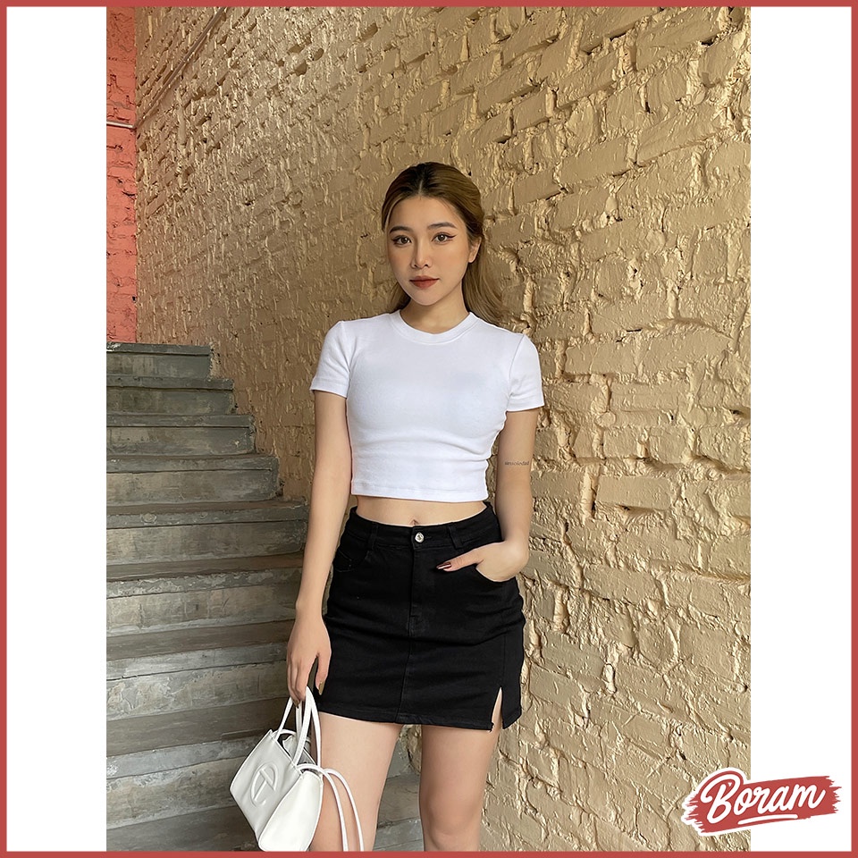 Áo Thun Croptop Basic Body cổ tròn tay ngắn, Áo Tee dày dặn co giãn tốt BORAM SG