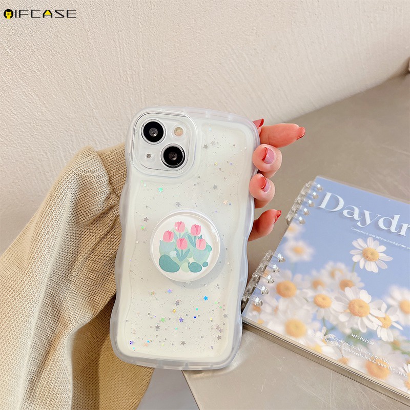 Ốp Điện Thoại Mềm Có Giá Đỡ Hình Hoa Tulip Cho iPhone 14 Plus 13 12 Mini 11 Pro XS Max XR X 7 8 6 6s Plus