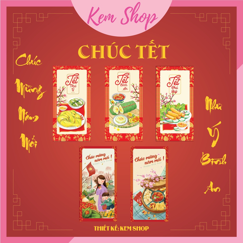Set 100 lì xì Tết nhiều chủ đề truyền thống dân gian ý nghĩa chúc Tết mừng tuổi năm mới - Kem Shop K82