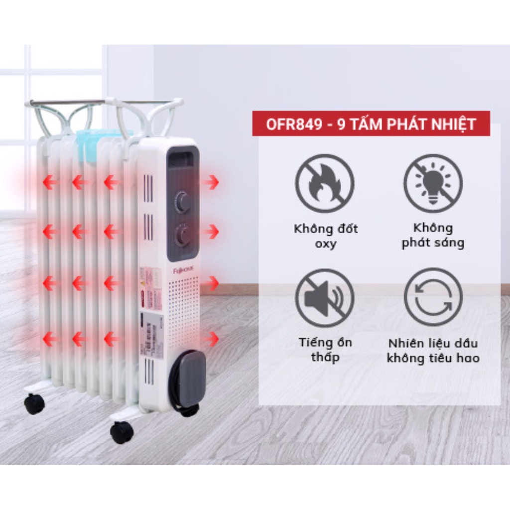 Máy sưởi dầu FujiHome, Máy sưởi ấm không đốt oxi, không khô da, bảo vệ chống quá nhiệt, tiết kiệm điện