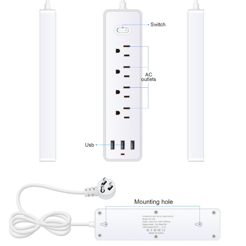Star 7 trong 1 Power Strip Surge Protector US Plug Wall Outlet Adapter với 4 cổng AC-Outlets có nhịp độ rộng 3x cổng USB