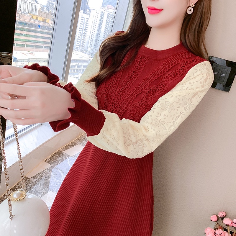 Váy len cao cấp hàng Quảng Châu - Váy len cổ 2 lớp cách điệu