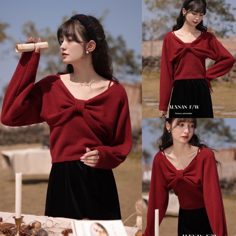 Set áo len nơ ngực kèm áo len 2 dây - set áo len 2 chi tiết | Shopee ...