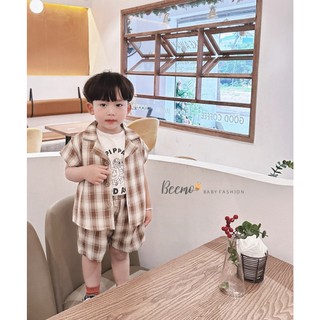 Bộ sơ mi cộc tay kẻ caro cho bé trai, set bộ thô mềm cá tính cho bé trai