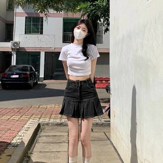 Áo len thun tăm croptop màu đen trắng basic dáng dài tay và cộc tay