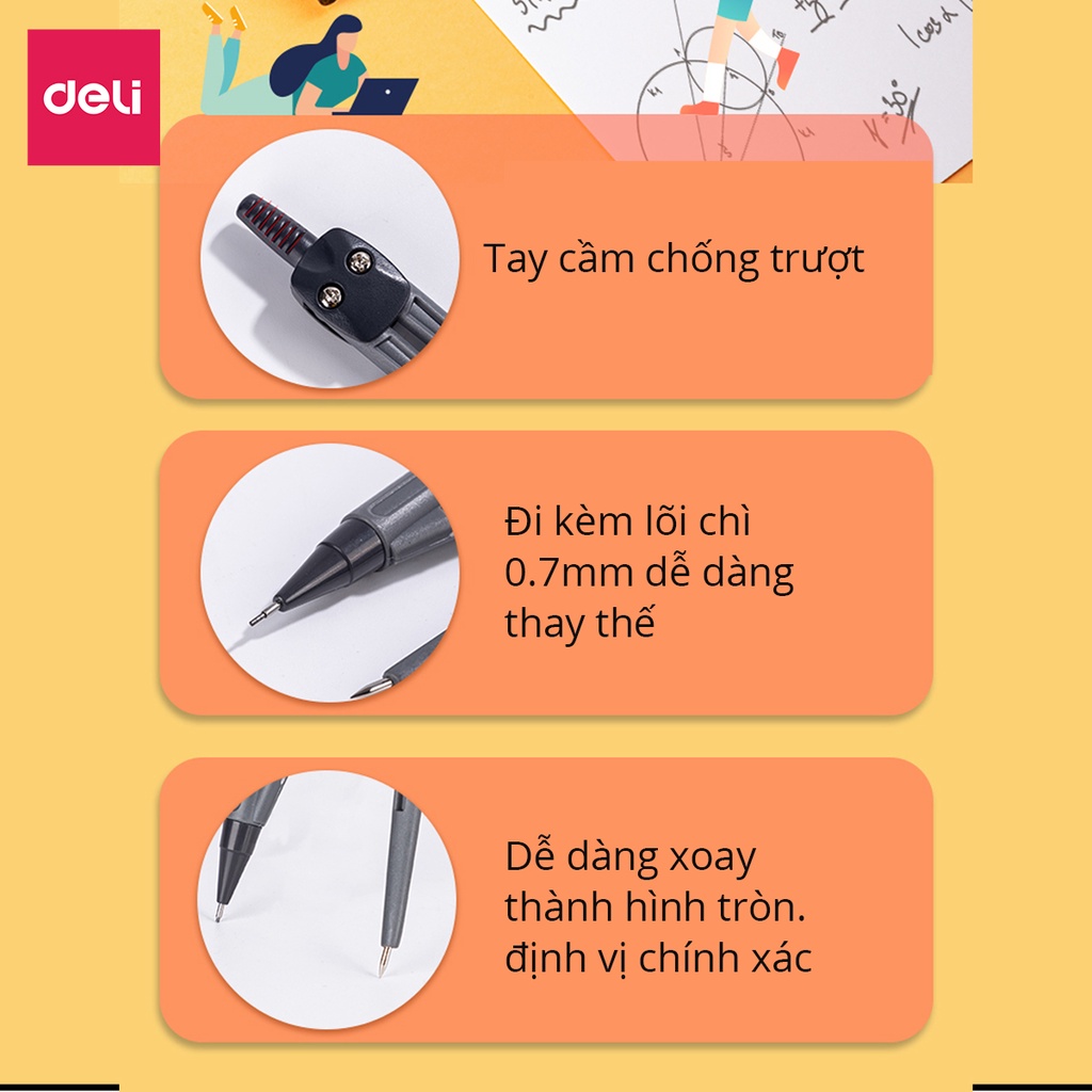 Bộ thước kẻ compa 8 món Deli chuyên dụng cụ học tập cho học sinh eke thước kẻ tẩy chì đồ dung học tập - 9591