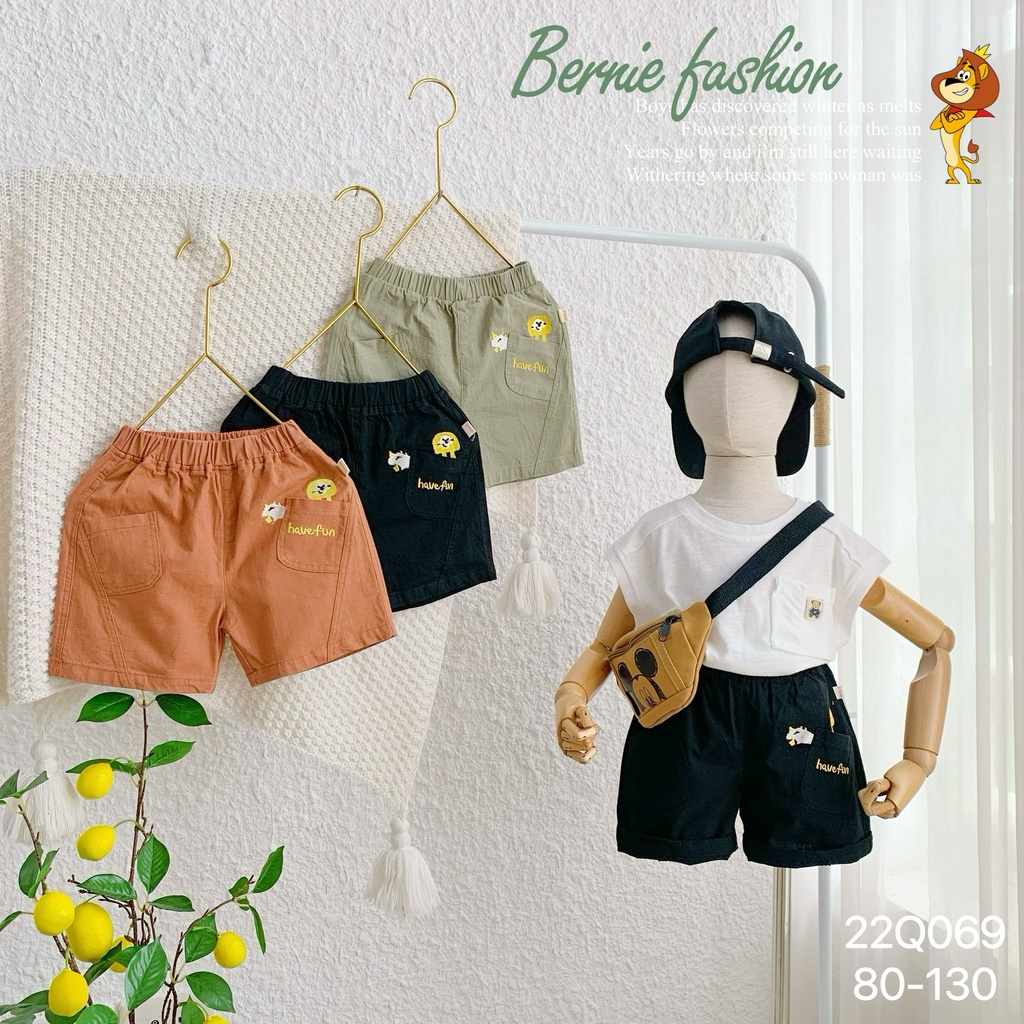 Quần linen đùi bé trai thêu hoạ tiết, quần sóc đùi ngắn cho bé trai mềm mát Bernie