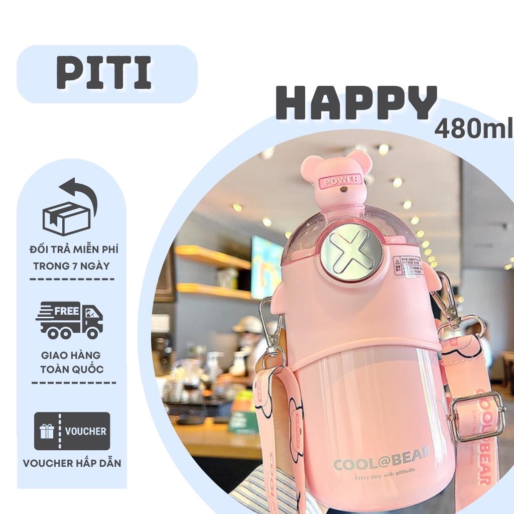 Bình giữ nhiệt PITI 500ml bình nước giữ nhiệt kèm ống hút hình gấu hoạt hình cute | BigBuy360 - bigbuy360.vn