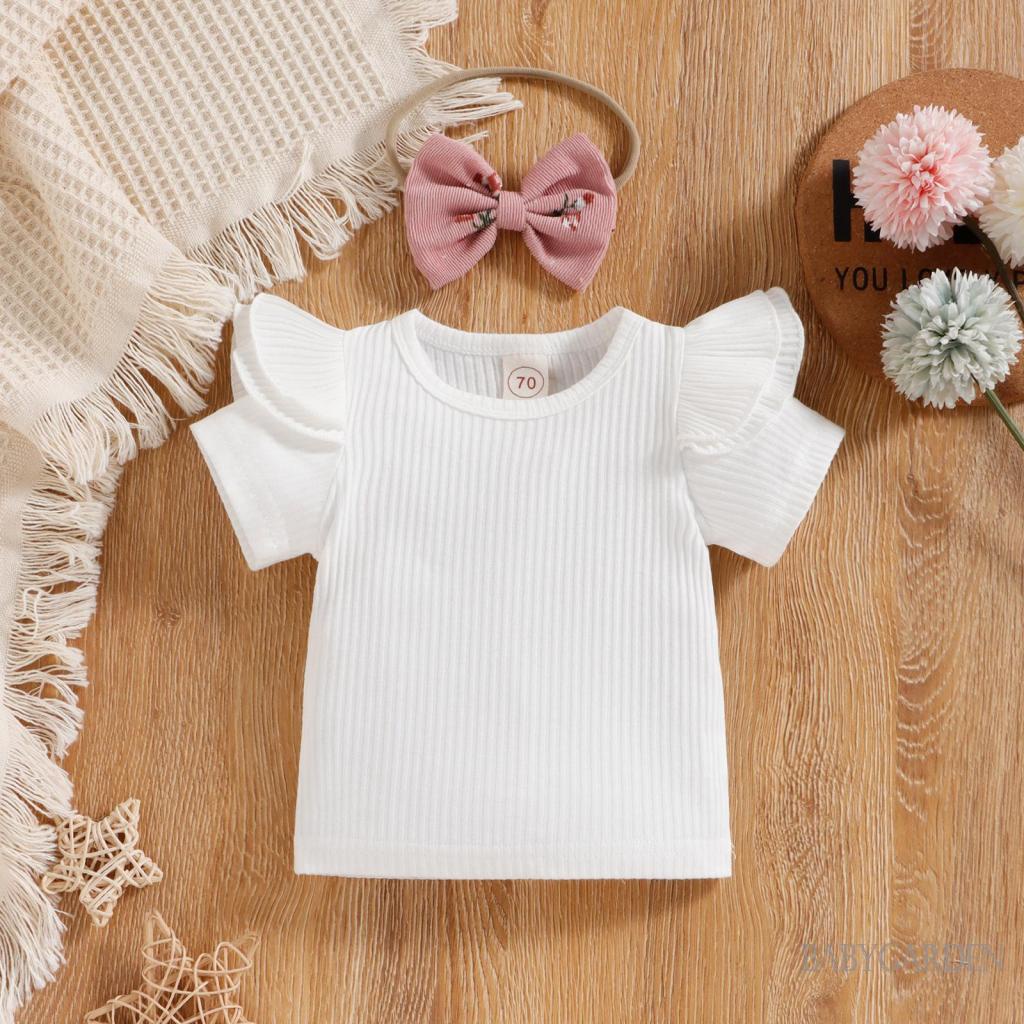 Bộ Áo Liền Quần Cổ Tròn Tay Cánh Tiên Màu Trơn + Băng Đô Hoa Dành Cho Bé Gái 0-18 Tháng Tuổi