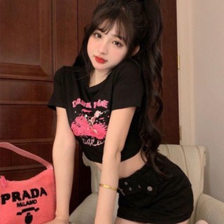 Áo croptop tay ngắn - áo thun cổ tròn in hình màu hồng cute dễ thương L66 [A029]