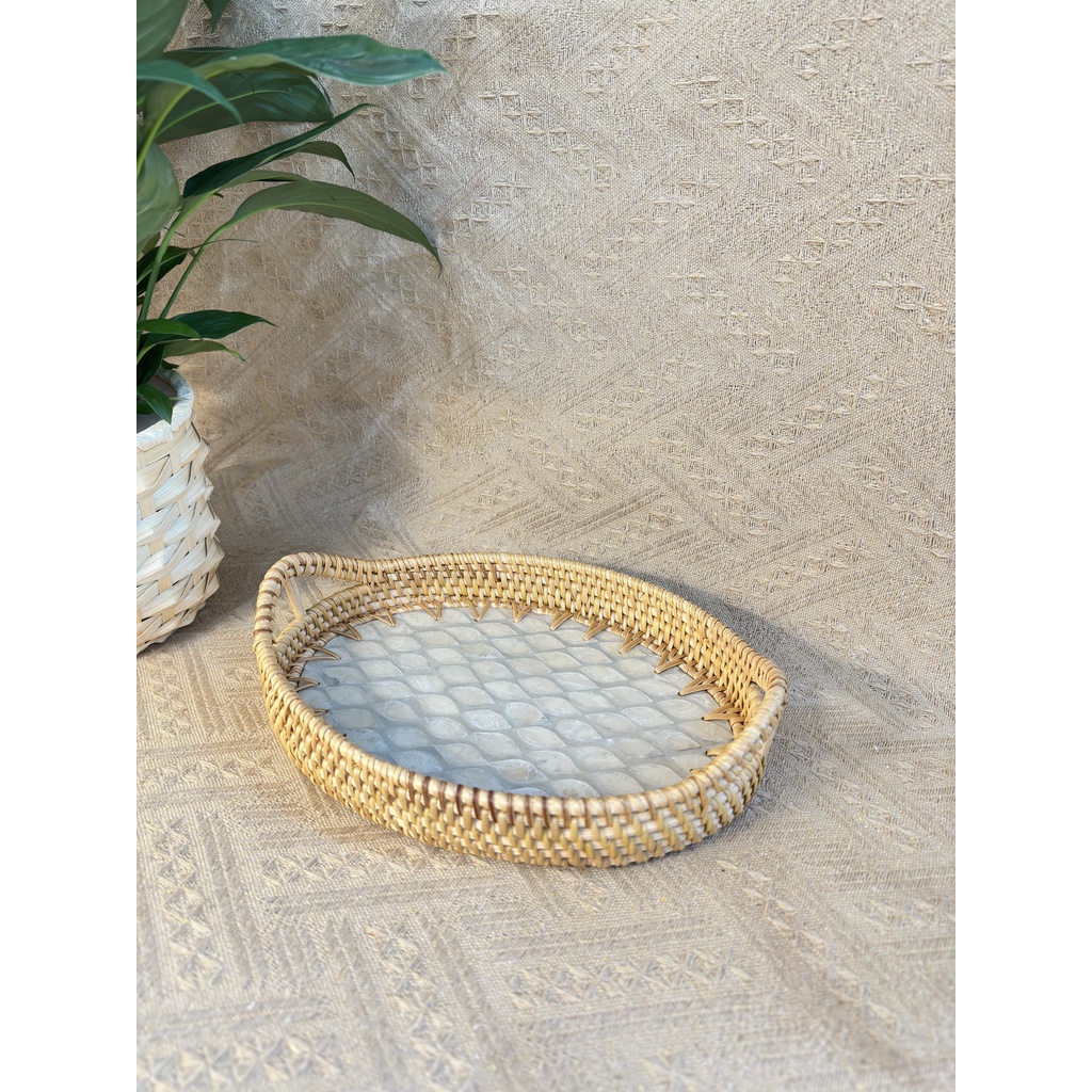 Khay Mây Khảm Trai Bầu Dục ONGTRE - Khay Đựng Đồ Đa Năng, Khay Decor Cao Cấp, Khay Phục Vụ Nhà Hàng, Khách Sạn
