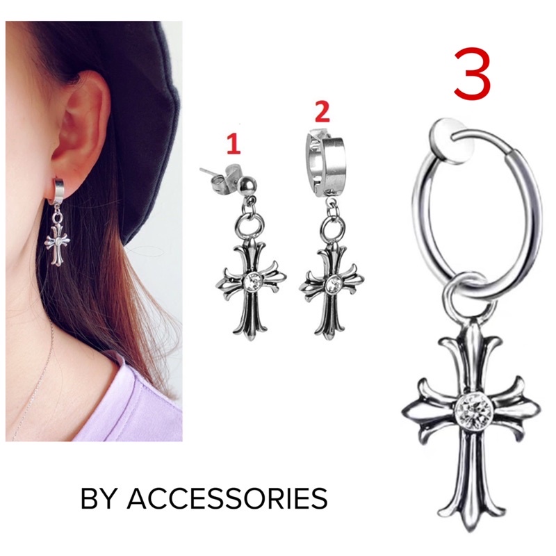 Khuyên tai titan unisex chrome hearts đính đá không gỉ có loại kẹp