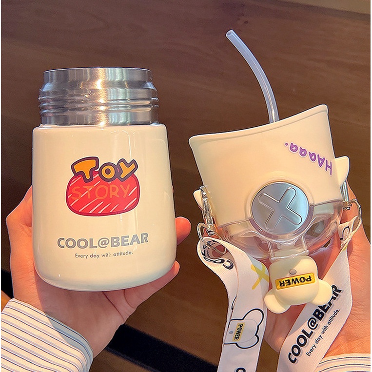 Bình giữ nhiệt PITI 500ml bình nước giữ nhiệt kèm ống hút hình gấu hoạt hình cute | BigBuy360 - bigbuy360.vn