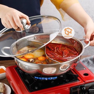 Nồi Lẩu Chia 2 Ngăn Có Nắp Kính Nấu Được Bếp Từ Và Bếp Gas Tiện Lợi, Nồi Lẩu 2 Ngăn Uyên Ương Cam Homeware