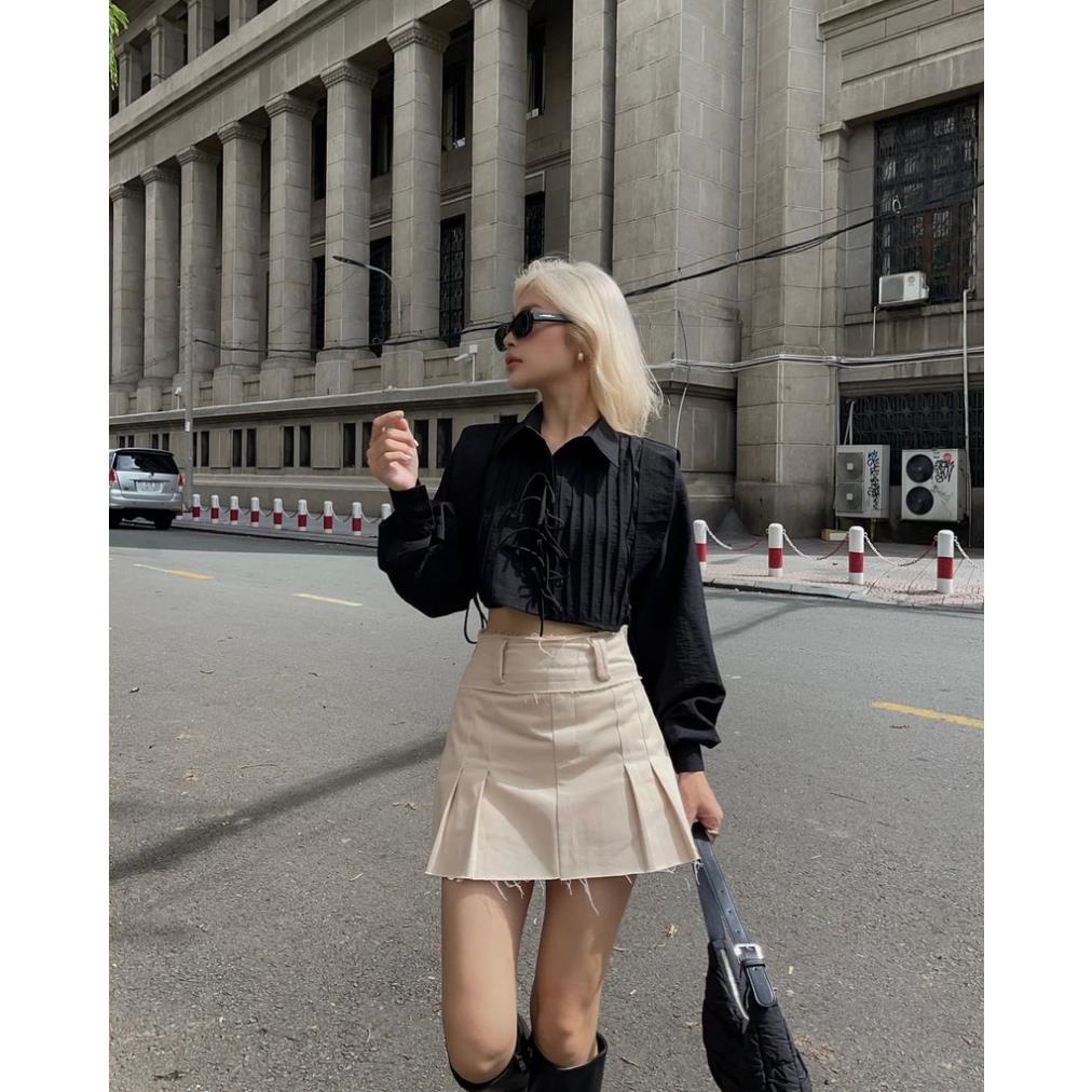 Áo sơ mi tay dài dáng croptop xếp li 2 màu trắng đen