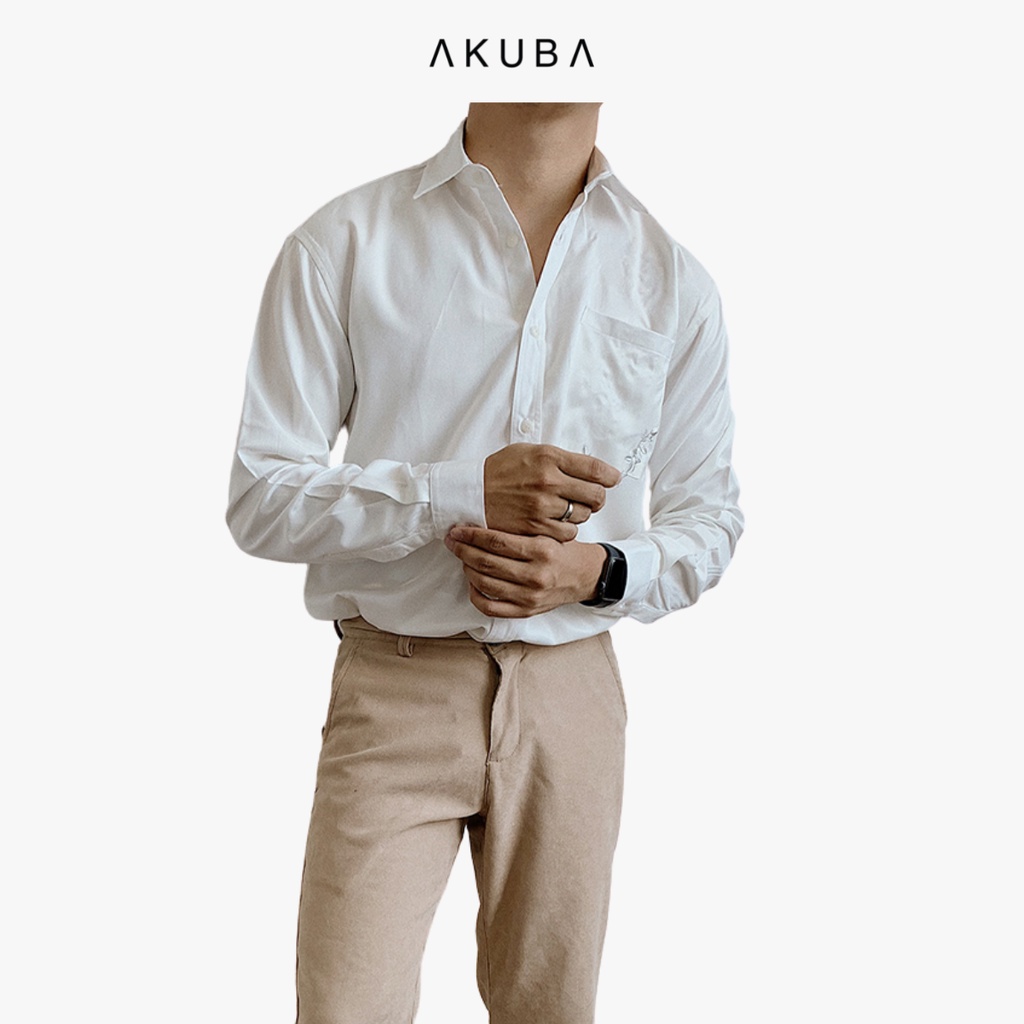 Áo sơ mi trơn dài tay vải lụa nam Akuba mềm mại và thấm hút tốt kiểu công sở đơn giản | 01J0144