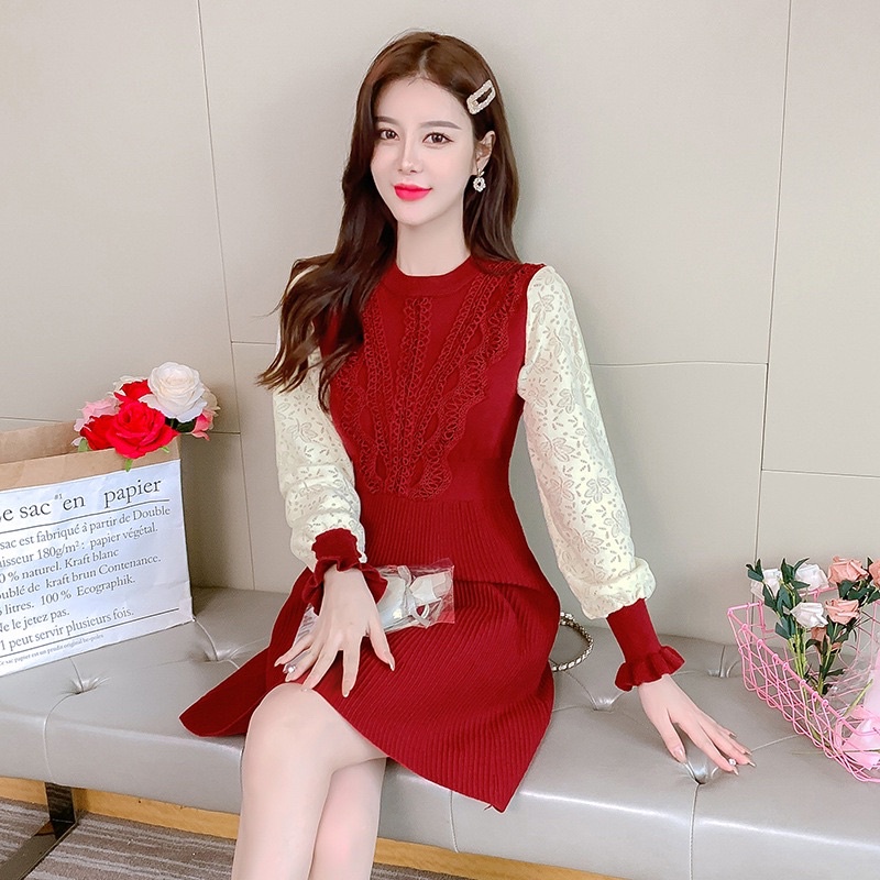 Váy len cao cấp hàng Quảng Châu - Váy len cổ 2 lớp cách điệu