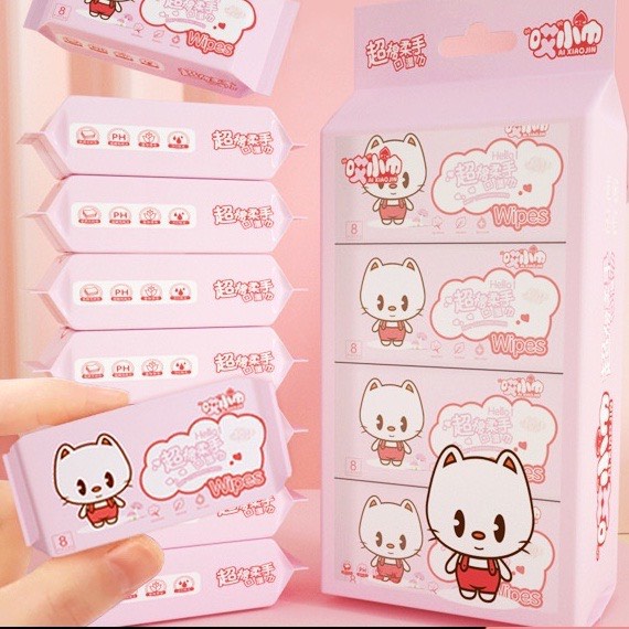 [Set 8 Gói/ 64 tờ] Khăn giấy ướt mini bỏ túi tiện lợi, khăn ướt an toàn cho da tiện dụng
