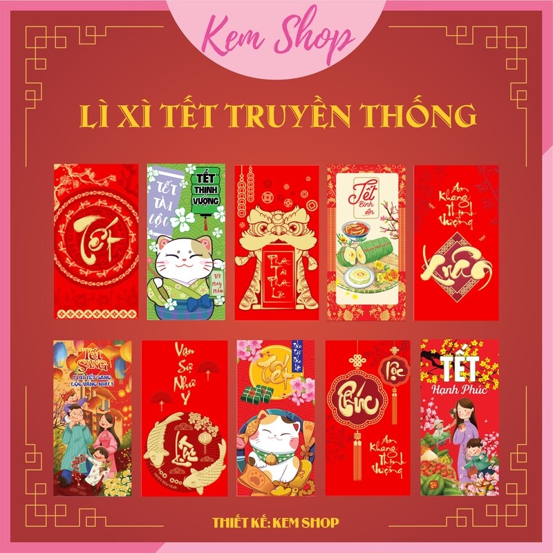 Set 100 lì xì Tết nhiều chủ đề truyền thống dân gian ý nghĩa chúc Tết mừng tuổi năm mới - Kem Shop K82